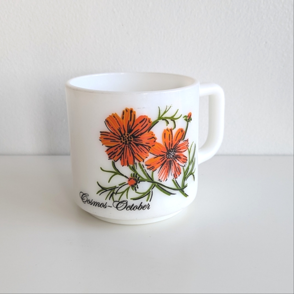 VTG Milk Glass October Coffee Mug or Tea Cup - Flower of the Month Cosmos